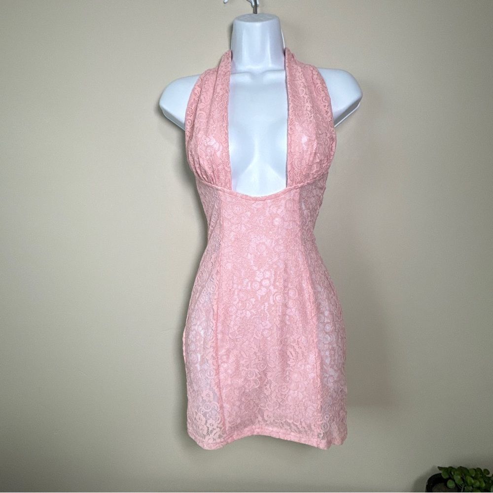 Pink Lace Halter Corset Mini Dress Coquette Y2K Fairycore Bodycon Party Dress - Picture 12 of 14